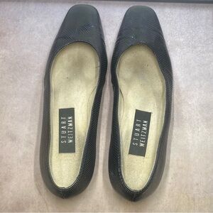 Stuart Weitzman Black Textured Square Toe Flats